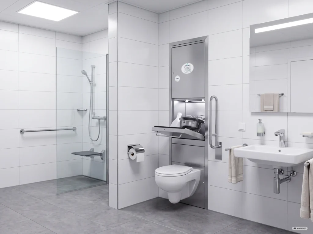 DISCHER Boy Fäkalspüle mit WC in einem barrierefreien Badezimmer