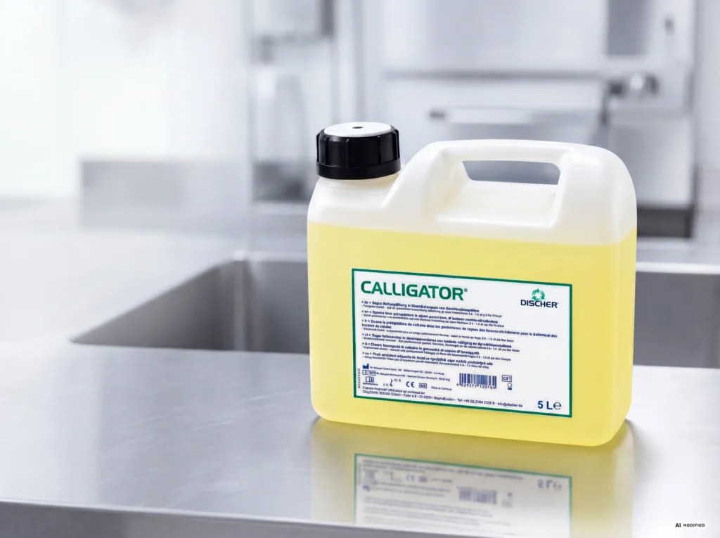 Calligator Reinigungsmittel-Kanister mit 5 Liter Inhalt auf einer Edelstahlablage