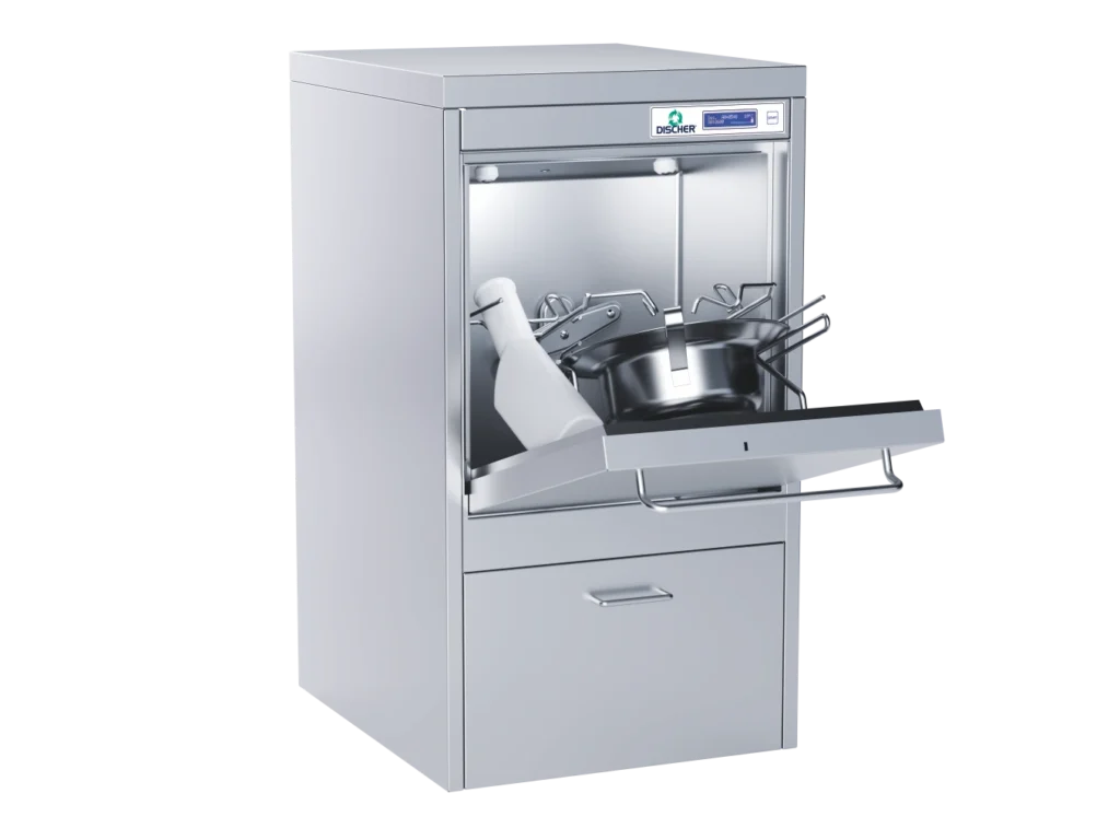 DISCHER Compact Fäkalspüle mit geöffneter Tür und Spülgut