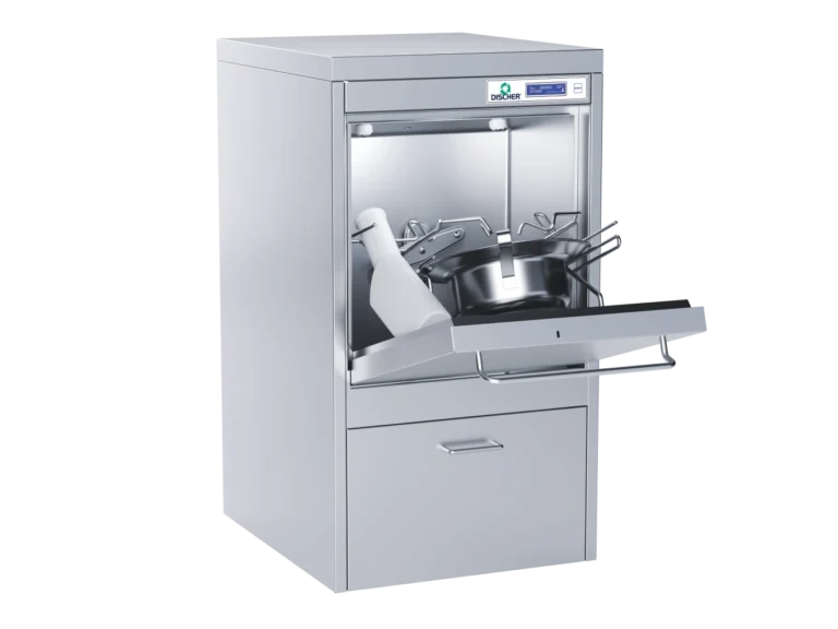 DISCHER Compact Fäkalspüle mit geöffneter Tür und Spülgut