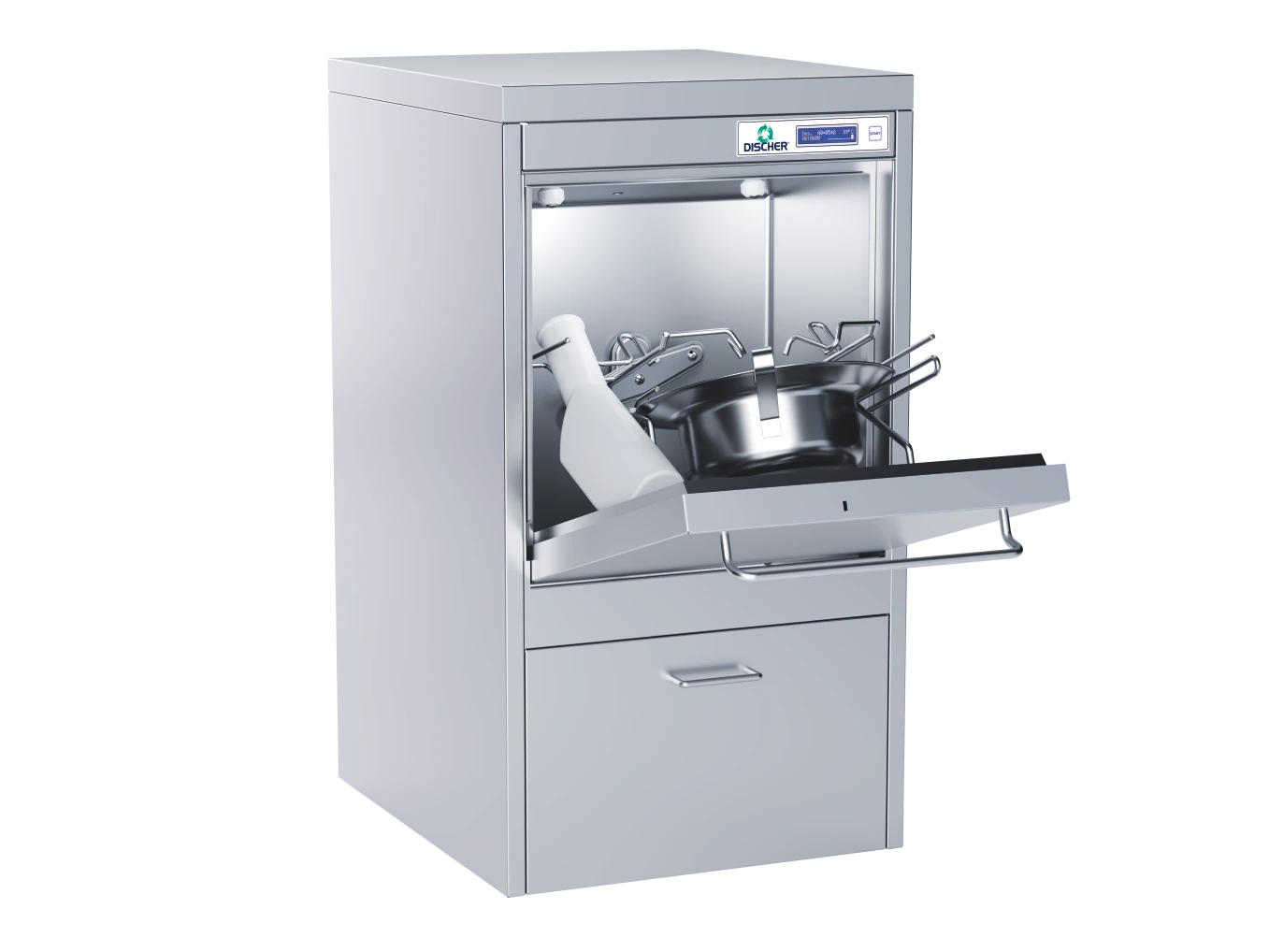 DISCHER Compact Fäkalspüle mit geöffneter Tür und Spülgut