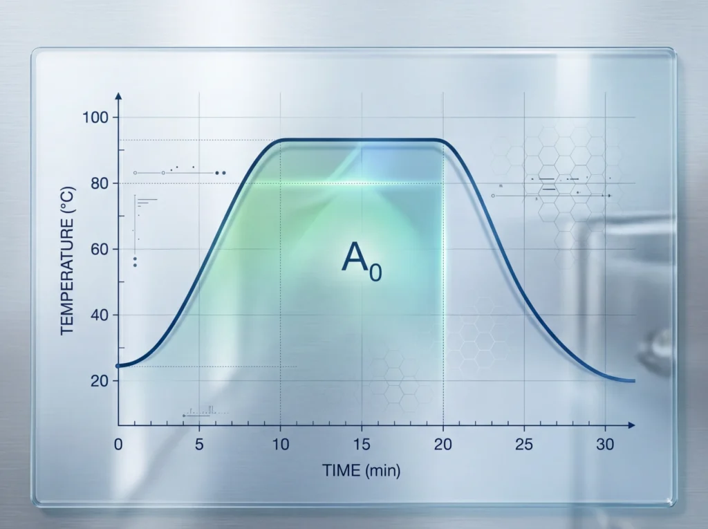 Diagramm zum A0-Wert-Verfahren mit Temperatur- und Zeitverlauf