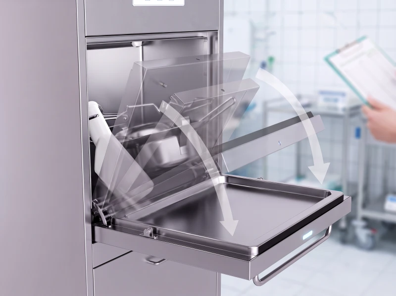 Automatische Türöffnung einer DISCHER Fäkalspüle mit Bewegungspfeilen