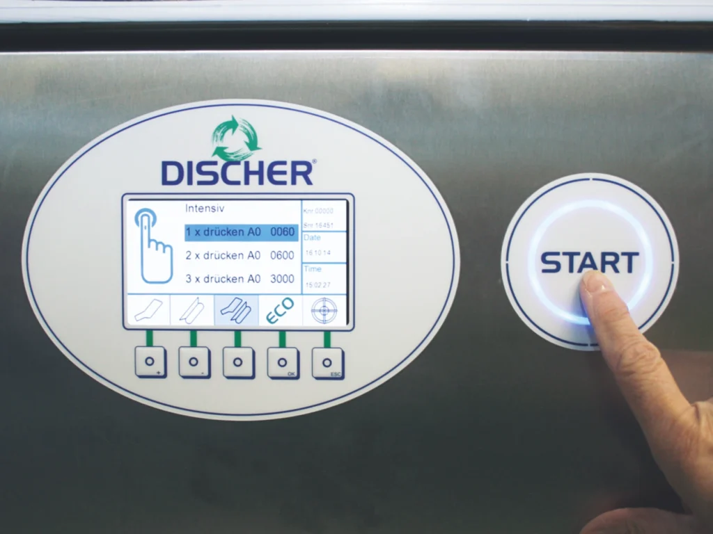 DISCHER Bedienfeld mit Programmauswahl "Intensiv" und Start-Taste