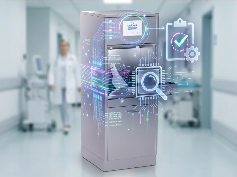 DISCHER Fäkalspüle mit digitalen Diagnose-Overlays im Klinikflur