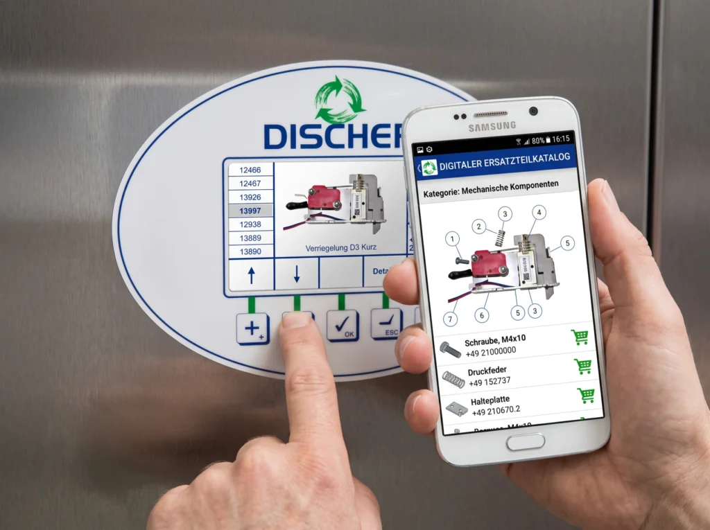 Smartphone mit digitalem DISCHER Ersatzteilkatalog vor Bedienfeld