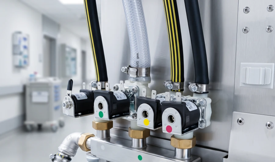 Ventile und Schläuche mit Farbmarkierungen des energiesparenden Spülsystems