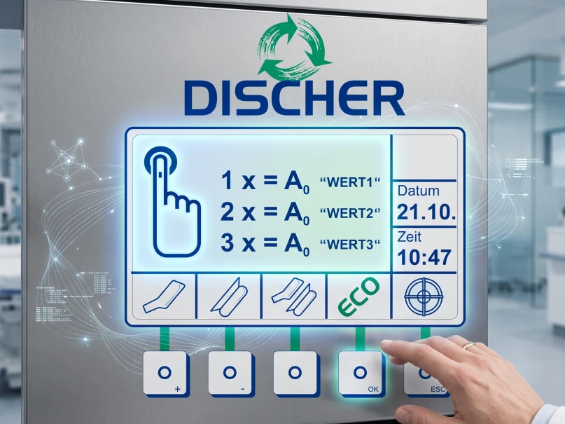 DISCHER TFT-Display mit grafischen Symbolen und Betriebsparametern im Klinikflur