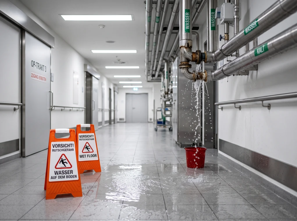 Warnschilder Rutschgefahr bei tropfendem Rohr im Klinikflur