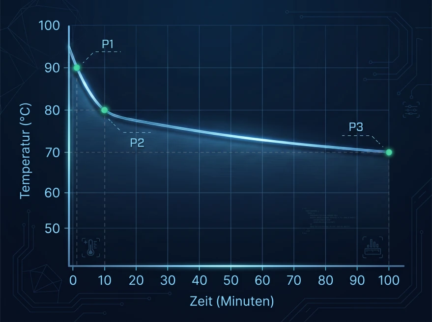 Diagramm zum Zeit-Temperatur-Verfahren mit Messpunkten P1 bis P3